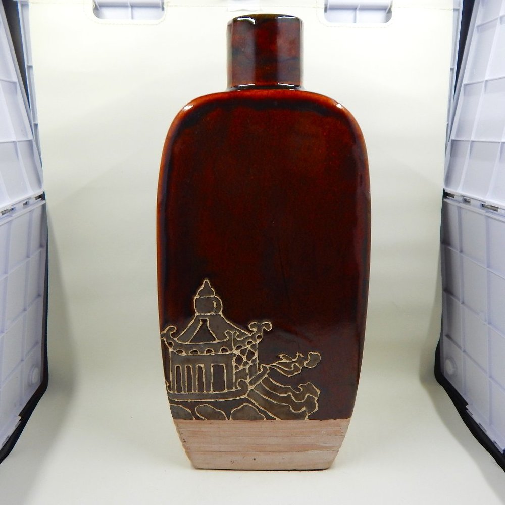 Pier 1 Imports Brown Glazed Vase Embossed Pagoda Detail Ceramic Pottery MCM - Picture 1 of 7